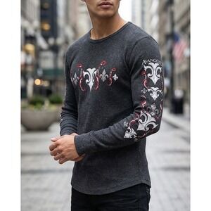 Avangard USA Mens Thermal Shirt XL Gray Fleur De Lis‎ Graphic Long Sleeve Y2K